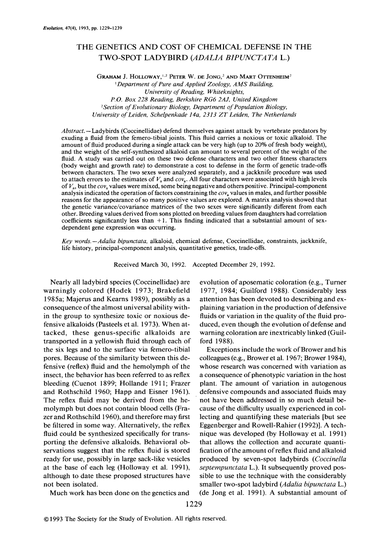 The Genetics and Cost of Chemical Defense in the Two-Spot Ladybird (Adalia bipunctata L.)